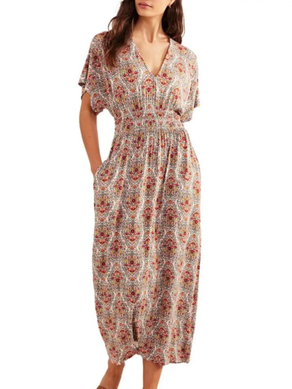 Boden Smock Waist Flutter Short Sleeve V Neck Maxi Dress Red Floral Print, 12P